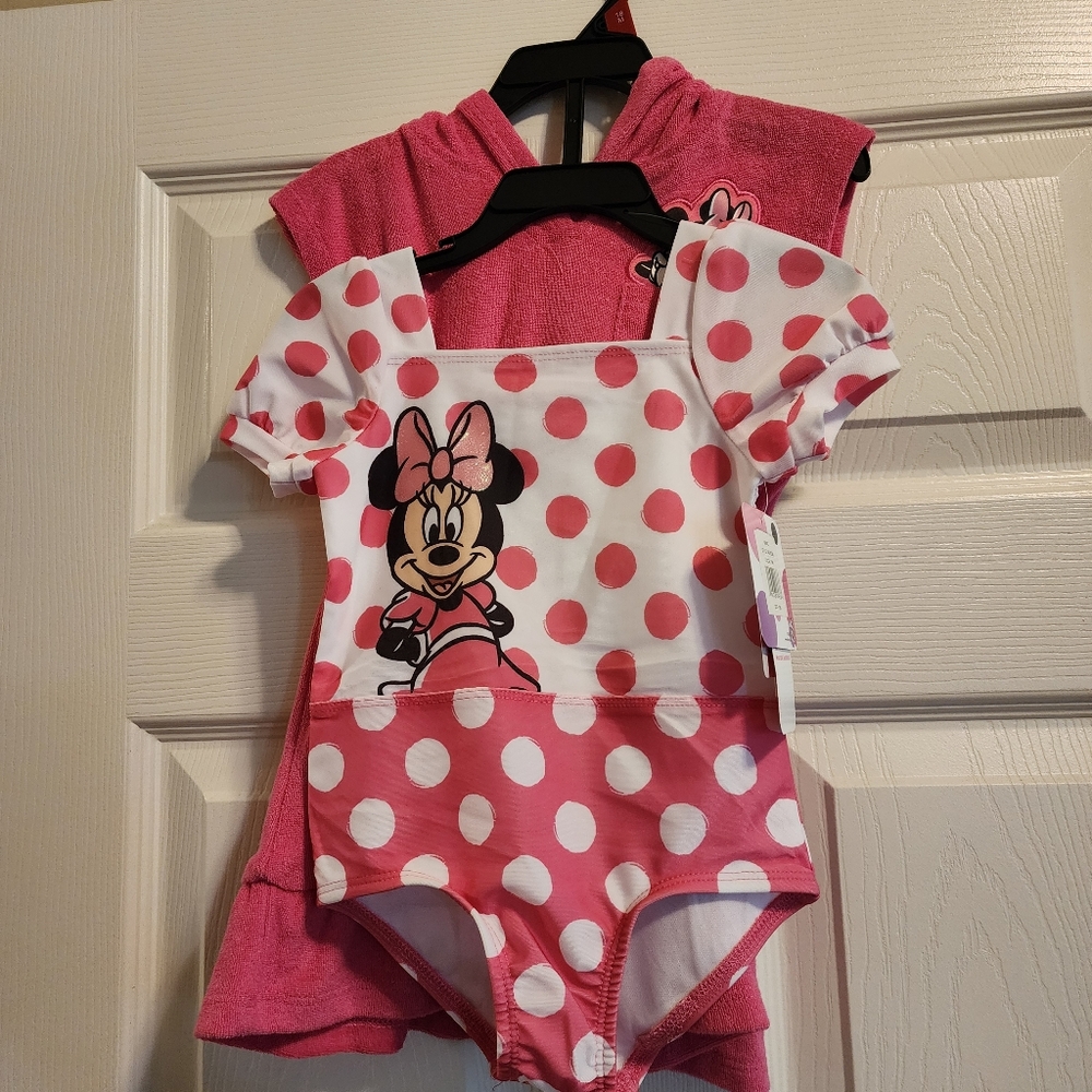 Mickey Mouse Disney Junior baby girl swimsuit set. Size 18 months, pink.